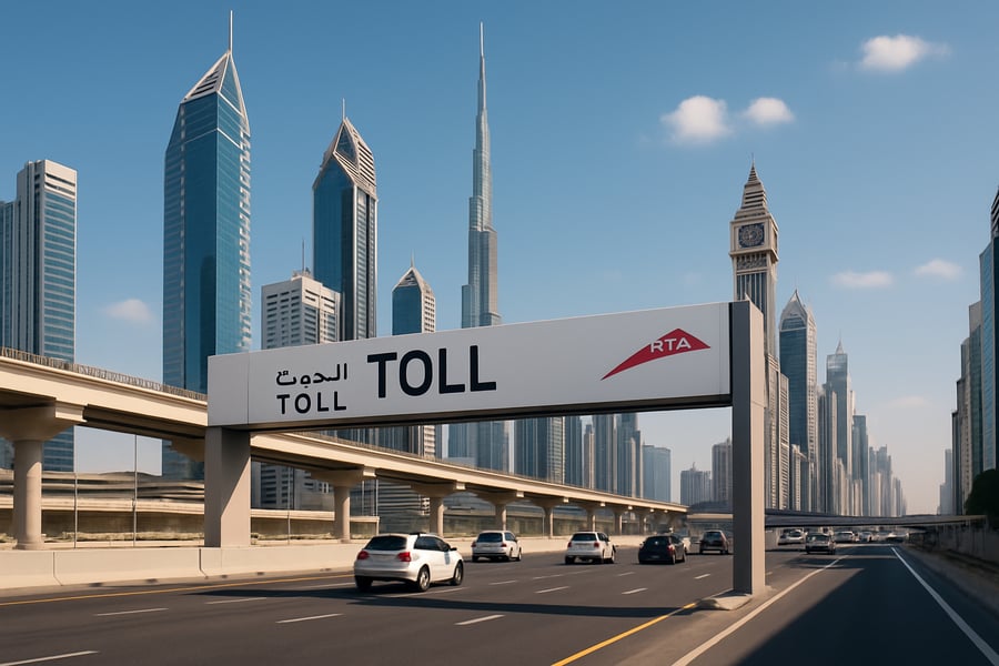 Dubai toll road with modern city skyline Dubai toll road with modern city skyline