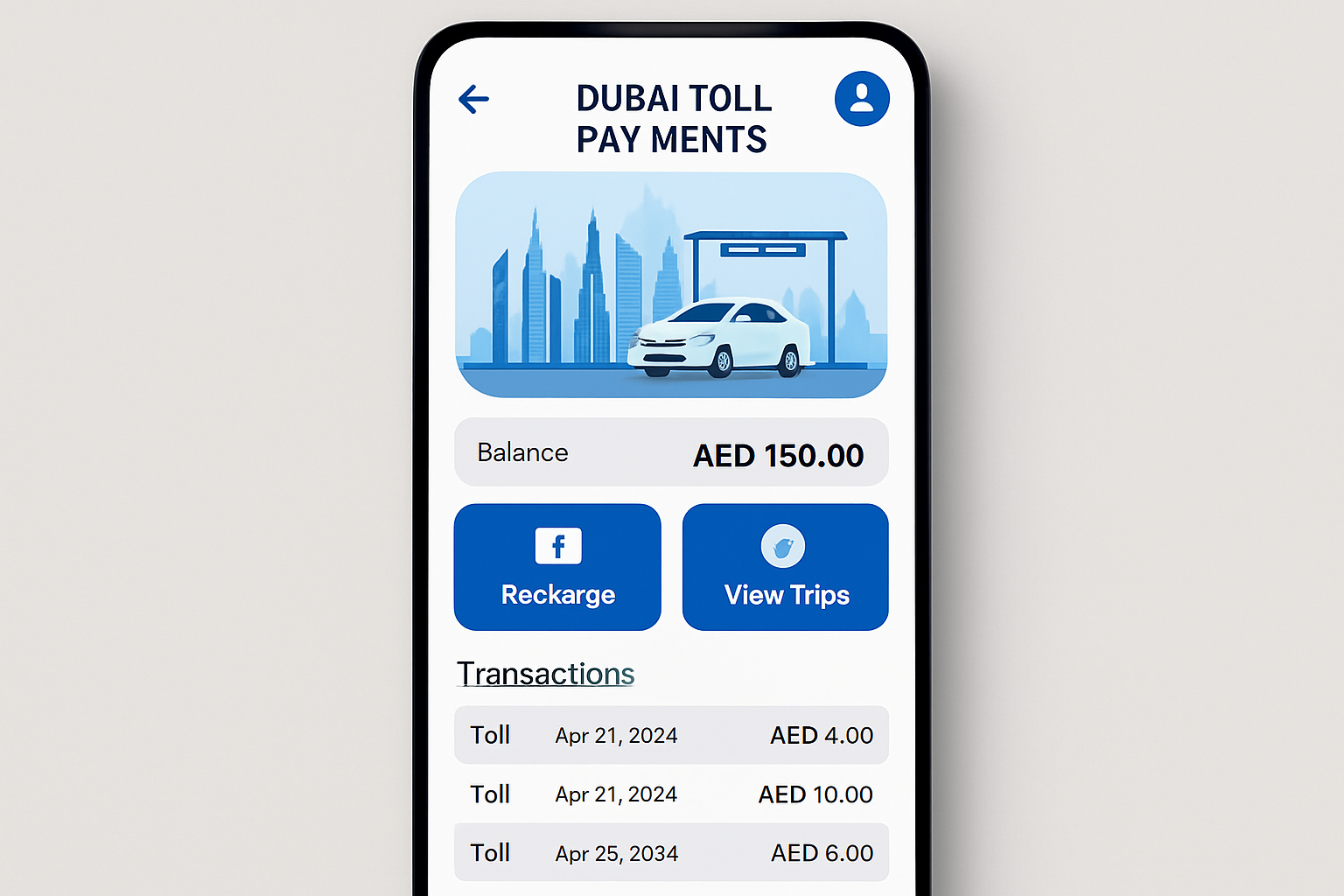 Mobile app interface for Dubai toll payments